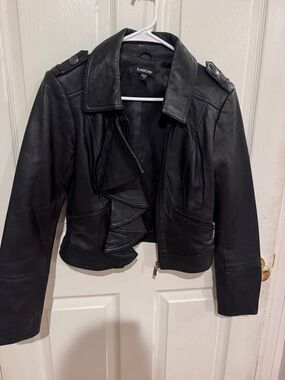 bebe Black Ruffle-Front Leather Moto Jacket